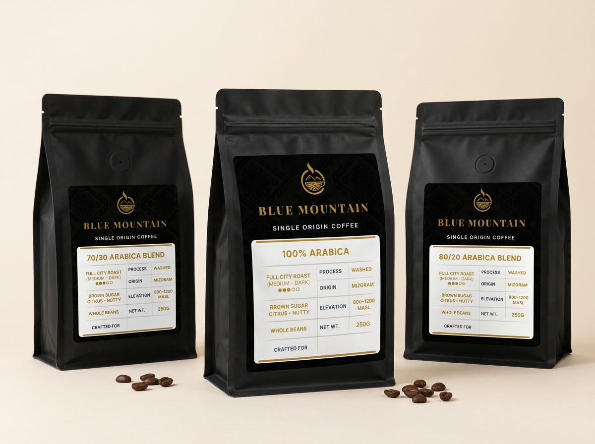 Blue Mountain 100% Arabica, 70/30 and 80/20 in matte black flat-bottom pouches