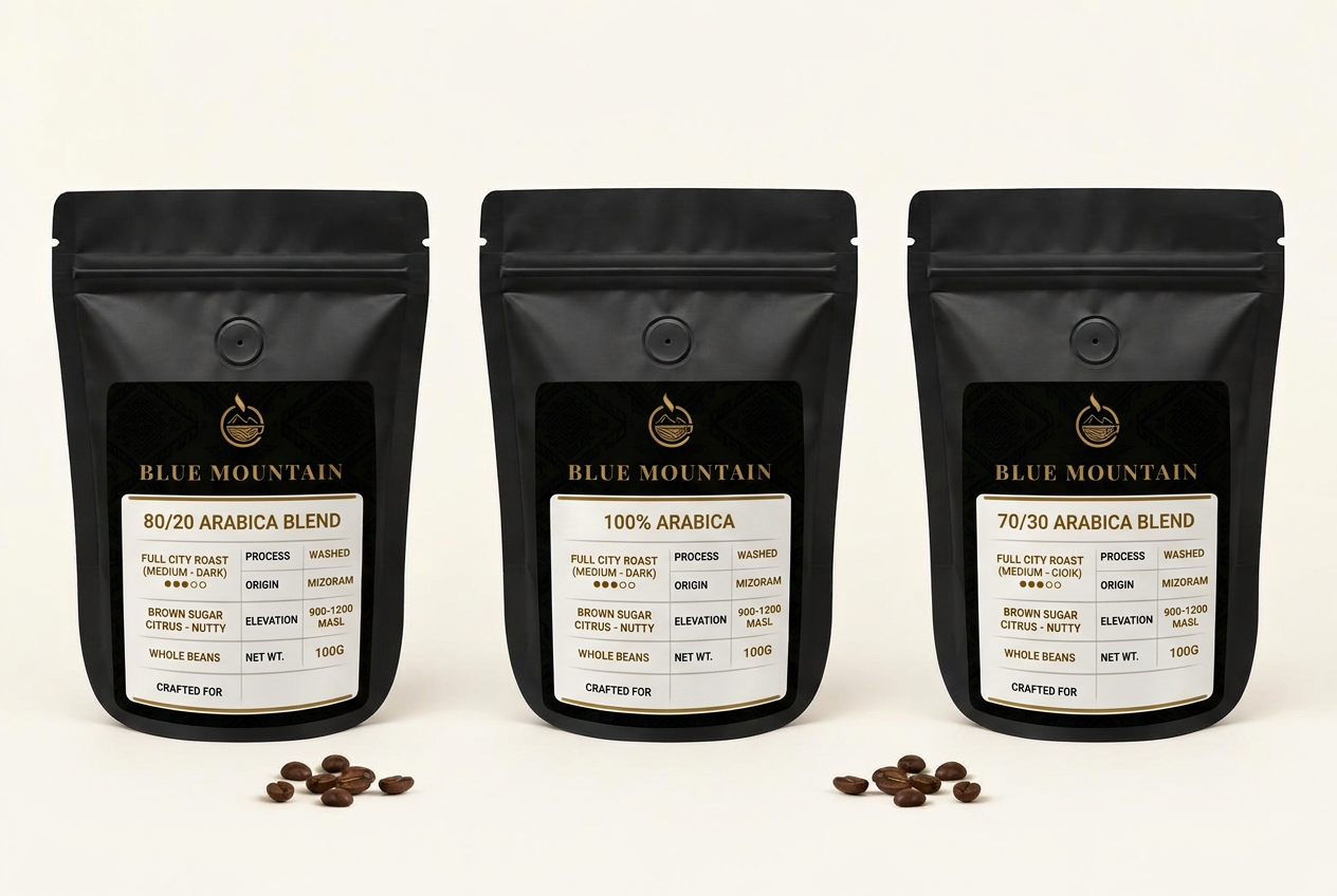 Blue Mountain 100g coffees in matte-black stand-up pouches with valves and zip locks