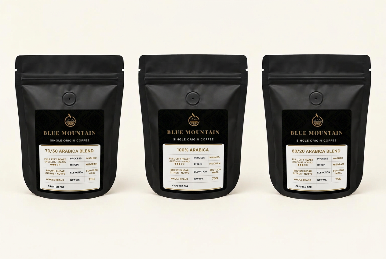 Blue Mountain 75g coffees in matte-black stand-up pouches with valves and zip locks